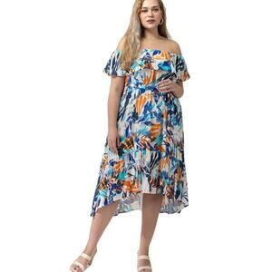 89th & Madison Women's Tropical Palms Print Off The Shoulder Midi Dress Size 1X